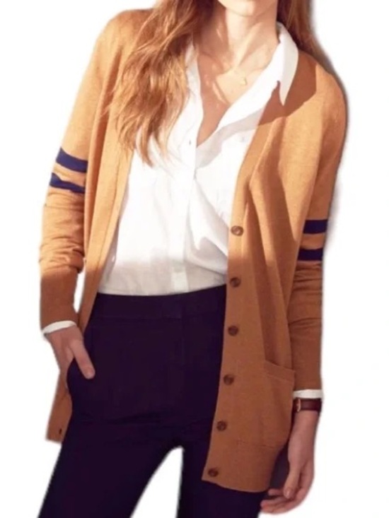 J. Crew Factory Sweaters - J.Crew Factory Women XS Camel Navy Merino Wool Blend Preppy Varsity Cardigan NWT